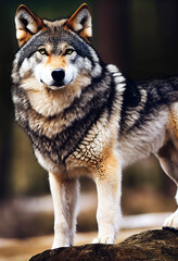 a large wolf is standing on a rock
