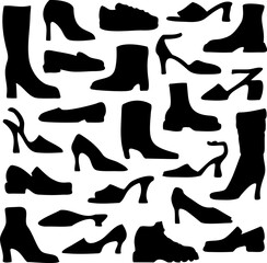 Vector illustration with collection of women's footwear. Set with silhouettes of ladies shoes.