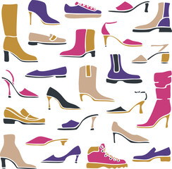 Vector illustration with collection of ladies footwear. Decorative women's shoes set.
