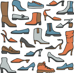 Vector illustration with collection of women's shoes. Hand drawn ladies footwear. Big set of different shoes.