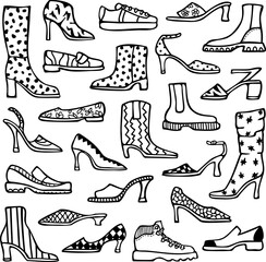 Vector illustration with set of women's shoes. Ladies footwear with decorative elements. Design for coloring book.