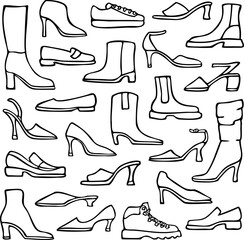 Vector illustration with collection of women's shoes. Design for coloring book.