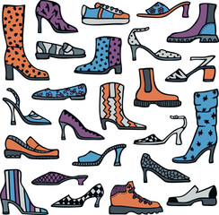 Vector illustration with set of ladies shoes. Fashionable women's footwear. Cartoon style.