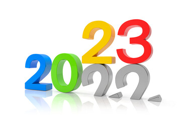 3d render of the numbers 2022 and 23 in colorful over white reflecting background.