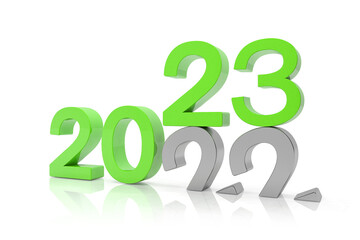 3d render of the numbers 2022 and 23 in green over white reflecting background.