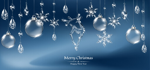 Fototapeta premium Vector realistic transparent Christmas crystal deer and decoration on abstract background. Glass sparkling translucent crystals