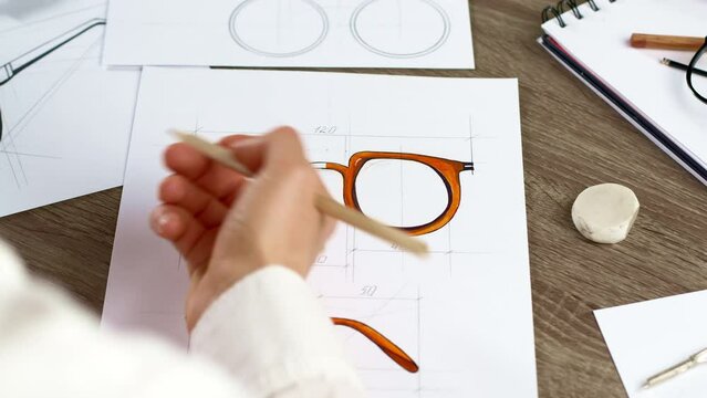The artist draws a sketch on paper and designs eyeglasses.