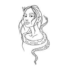 Linear portrait of a young girl with a royal python around her neck.Vector graphics.