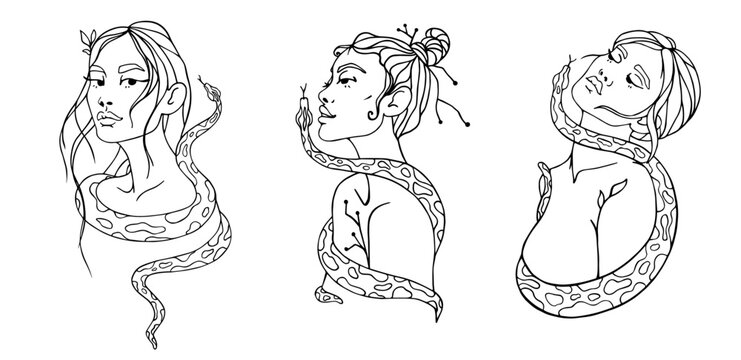 A set of sketches of portraits of young, beautiful girls with a royal python around their neck.Vector graphics.