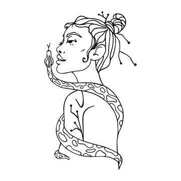Linear portrait of a young girl with a royal python around her neck.Vector graphics.