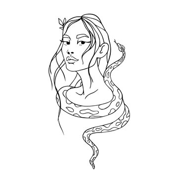 Linear portrait of a young girl with a royal python around her neck.Vector graphics.