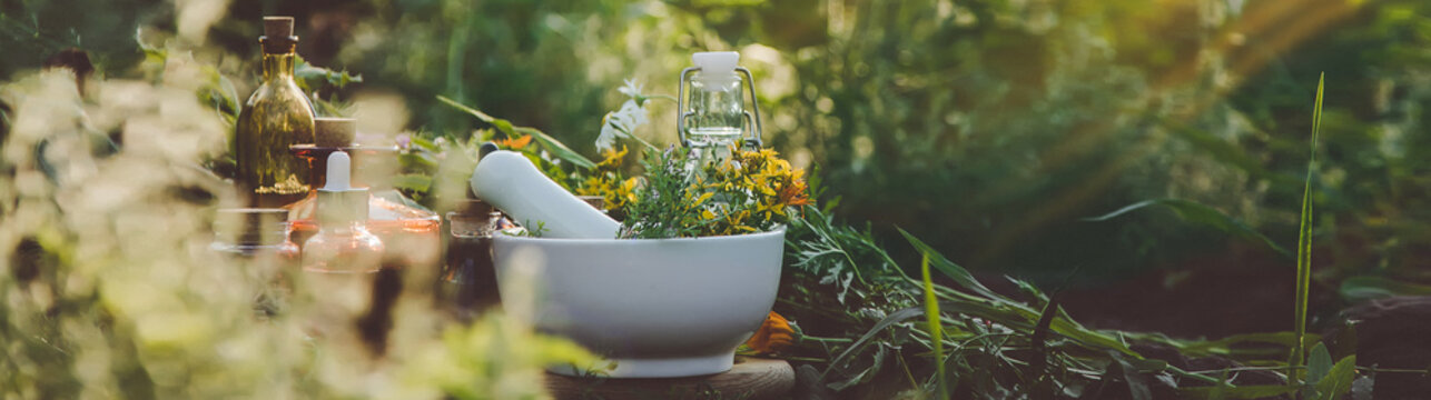 Medicinal herbs and tinctures alternative medicine. Selective focus.