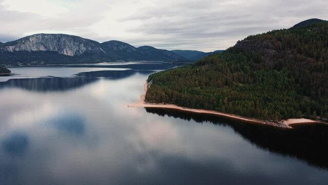 Aerial View of a big lake and valley in Telemark, Norway