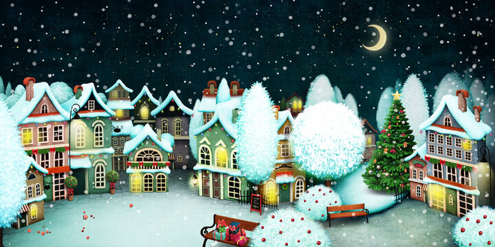 Winter greeting card or illustration or book cover for Christmas or New Year holiday. 