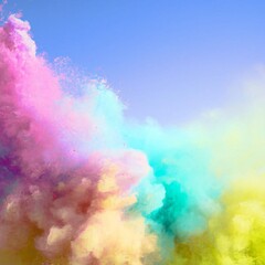 Naklejka premium Colourful holi powdered paint powder explosion isolated on a sky blue gradient background
