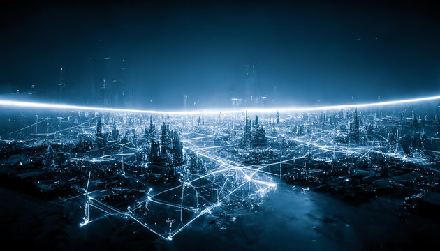 The concept of a high-speed internet connection visualized as cables linking up in a spectacular futuristic and cyberpunk cityscape with skyscrapers. Digital art 3D illustration.