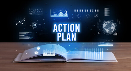 Business inscription coming out from an open book