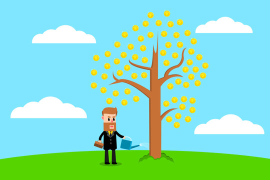 Businessman watering financial tree. Leader invest money in business. Business Concept. Vector illustration