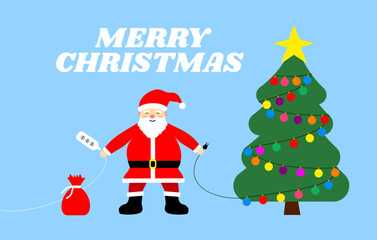 merry christmas santa claus holding electric plug and extension cord to switch on christmas tree garland lights vector illustration