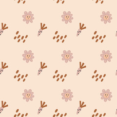 Boho modern minimalist pattern newborn carrot flower. Baby Shower Scandinavian pastel wallpaper. Textile fabric design for kids. Flat bohemian vector neutral background paper