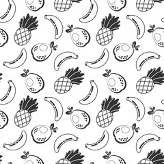 Doodle outline pineapple, banana and pear fruit seamless pattern isolated on white background. Simple vector hand drawn juicy food. Juice packaging design. Summer fabric print template.