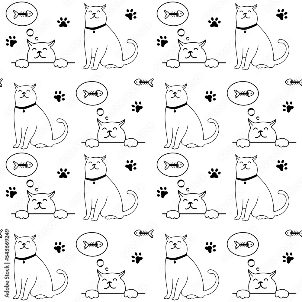 Poster cute cat character seamless pattern isolated on white background. simple doodle drawing in outline s