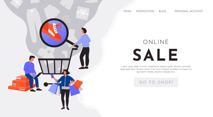 Online store landing page. Website design template. Shop furniture. Consumer credit card pay and easy purchase cart. People buy merch. Mobile site interface. Vector illustration concept