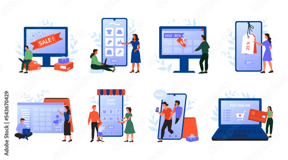 Poster shop icons. internet purchase service. man or woman buy in online store. digital shopping concepts s