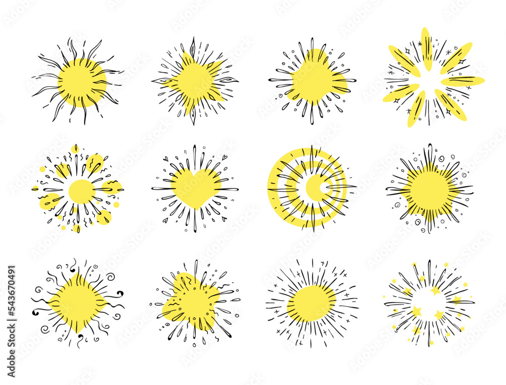 Poster hand drawn starburst. doodle explosion or sun shine black pencil sketch. abstract round contour wate