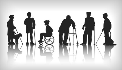 Disabled person silhouette. Blind people with walking canes and guide-dogs. Handicapped woman or man shadows set. Kid in wheelchair. Grandfather with crutch. Vector illustration concept