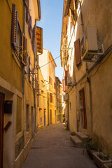 A quiet backstreet in the historic medieval centre of Piran on the coast of Slovenia
