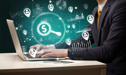 Business hand working on laptop, successful business concept