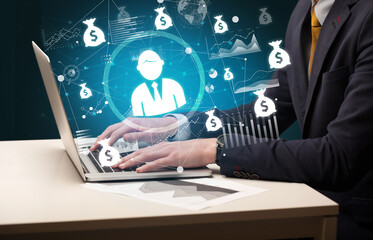 Business hand working on laptop, successful business concept