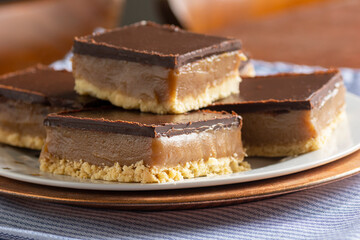Scottish Caramel Slice or Millionaire's Shortbread Confectionery Dessert with Layers of Chocolate and Caramel over Shortbread Crust