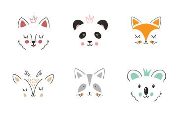 Cute Animal face. Cartoon animals collection, dog, panda, fox, deer, raccoon and koala. Vector illustration