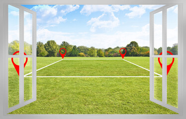 Distance between buildings and borders concept image with a land plot and vacant land on a green...