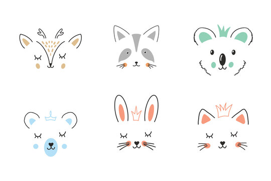 Cute Animal face. Cartoon animals collection, deer, raccoon, koala, bear, rabbit and cat. Vector illustration