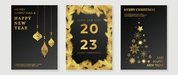 Set of happy new year 2023 and merry christmas elegant black background. Elements of gradient golden pine leaves frame, star, sparkle, snowflake, bauble. Art design for card, poster, cover, banner.