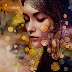 Fototapeta na wymiar Portrait of beautiful woman's face, fashion style model, abstract golden watercolor pattern illustration