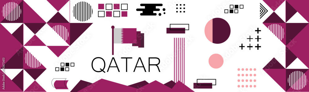Poster qatar national day banner.qatari flag and map with modern geometric retro abstract design. purple or