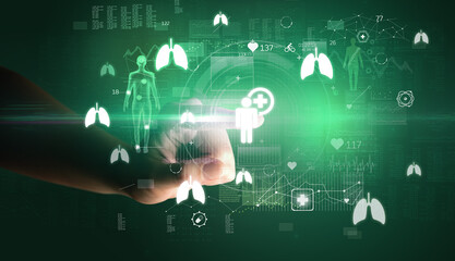 Doctor hand pressing futuristic health device with medical symbol on screen