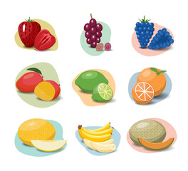 Fruit cartoon set. Vegan organic eco products collection. vector illustration