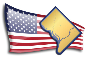 Map of District of Columbia against an American flag. Rivers and lakes are shown on the map. American Flag and Golden Map can be used separately and easily editable.
