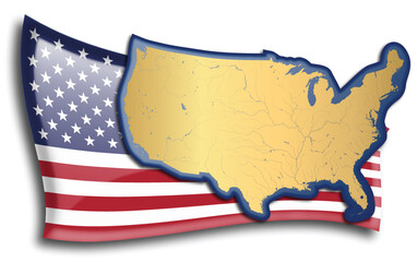 United States map against an American flag. Rivers and lakes are shown on the map. American Flag and State Map can be used separately and easily editable. - 543675476