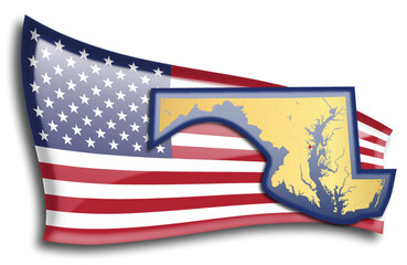 U.S. states - map of Maryland against an American flag. Rivers and lakes are shown on the map. American Flag and State Map can be used separately and easily editable.