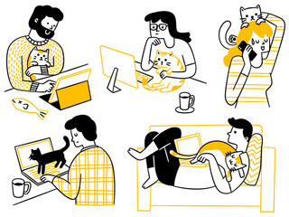 People working with computer, laptop, tablet, smartphone while with cat. Cute character doodle design, outline, linear, thin line art, hand drawn sketch. 