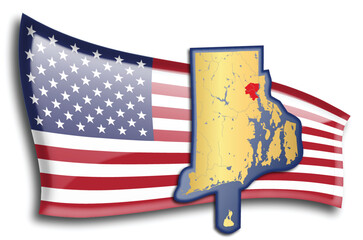 U.S. states - map of Rhode Island against an American flag. Rivers and lakes are shown on the map. American Flag and State Map can be used separately and easily editable.