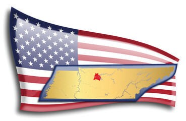 U.S. states - map of Tennessee against an American flag. Rivers and lakes are shown on the map. American Flag and State Map can be used separately and easily editable.