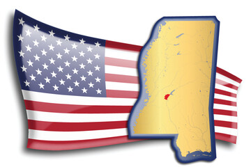 U.S. states - map of Mississippi against an American flag. Rivers and lakes are shown on the map. American Flag and State Map can be used separately and easily editable. - 543676034