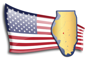 U.S. states - map of Illinois against an American flag. Rivers and lakes are shown on the map. American Flag and State Map can be used separately and easily editable. - 543676051